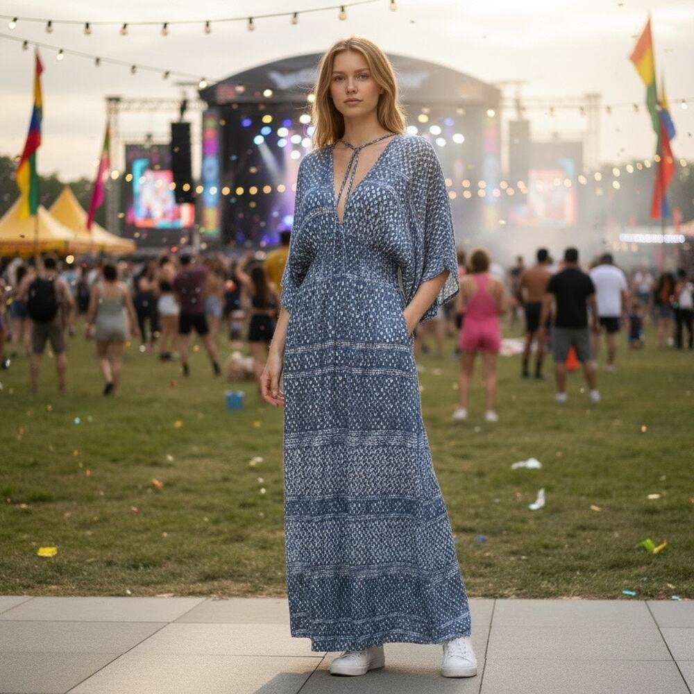 Honey Punch Bohemian V-Neck Printed Maxi Dress EUC